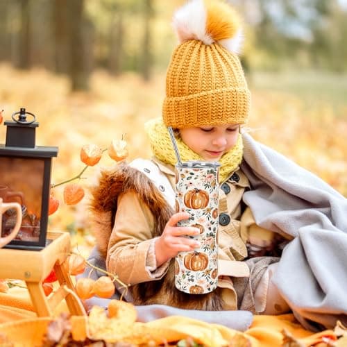 Whaline Fall Tumbler with Lid and Straw Watercolor Pumpkin Flower Stainless Steel Cup Autumn Tumbler Cup Travel Coffee Mug for Fall Thanksgiving Decor Gift Supplies — view 5