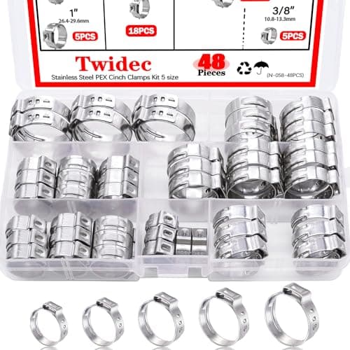 Twidec/48PCS 3/8",1/2",3/4",5/8",1" PEX Cinch Clamps Kit 5 size,Stainless Steel Pex Crimp Rings,Single Ear Hose Clamps For Pex Pipe Fitting Connections N-058-48PCS