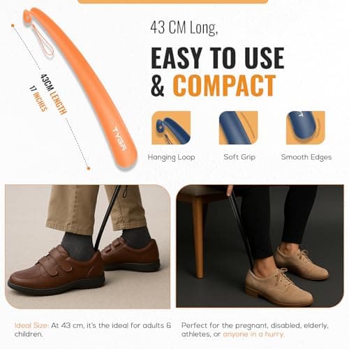 TYGA Long Handled Plastic Shoe Horn for Men & Women, Orange, 43cm, Pack of 1 — view 3