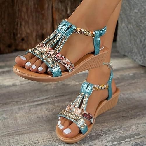 AEHAXGD Rhinestone Wedge Sandals for Women 2026 Summer Orthopedic Bohemia Sparkly T Strap Shoes Embellished Jeweled Beaded Sandals with Elastic Ankle Strap Comfy Cute Sandals for Beach Travel — view 4