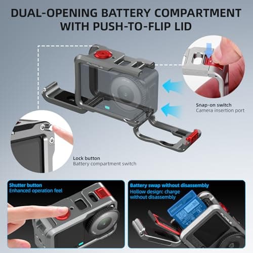 BRDRC Action 6 Camera Cage + Screen Protector Accessories Kit Aluminum Alloy Protective Frame Cage with Silicone Lens Cap Tempered Glass Lens Film for DJI Osmo Action 6 Protection Pack — view 2
