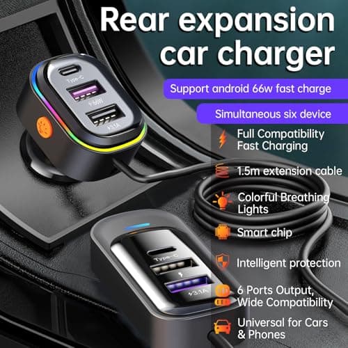 Car USB Charger，6-Port, 18W+15W, QC 3.0 Fast Charging, 1.5m Extension Cable — view 3