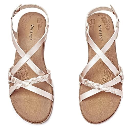 Veittes Women's Dressy Casual Strappy Flat Slide Sandals,Gold 10