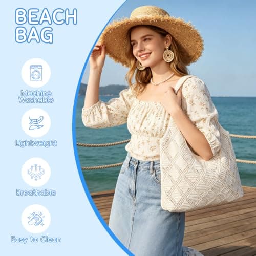 MOFASVIGI Crochet Mesh Tote Bag, Foldable Retro Hollow Beach Tote Bag Women — view 3