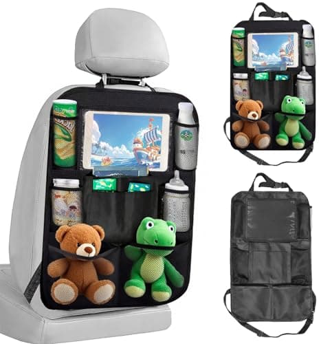 Aoeeki Car Organizer Back Seat Protector with Touch Screen Tablet Travel Accessories With 10 Storage Pockets Road Trip Essentials Kids Organize Toys Ipad Bottles Snacks Books, Black