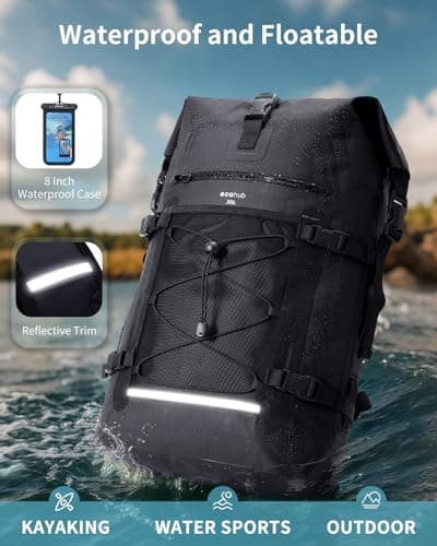 ECOHUB Waterproof Dry Bag Backpack, Roll Top Closure Heavy Duty Waterproof Backpack, Dry Bag Rucksack with IPX8 Waterproof Phone Case for Hiking, Kayaking, Boating, Camping, Fishing, 30L-Black — view 5