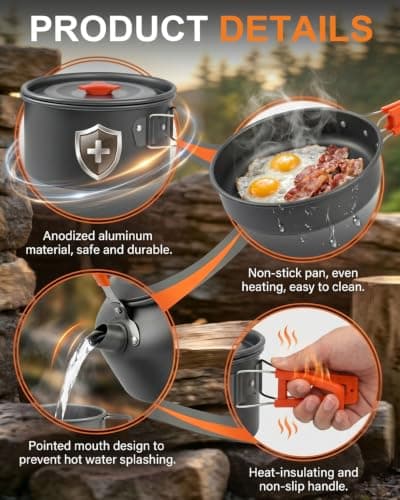 17-Piece Camping Cooking Set for 2–3 People, Aluminium Camping Pots and Pans with Kettle, Plates, Cups & Windshield, Lightweight Camping Cookware and Camping Cooking Equipment for Outdoor Use — view 4