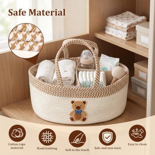 Baby Nappy Caddy Organiser, Cotton Rope Diaper Storage Basket(bear) — view 5