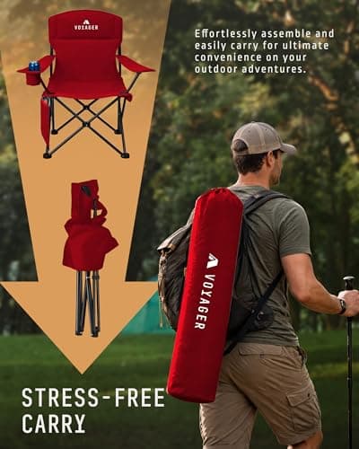 Voyager Folding Camping Chairs 2 Pack with Cooler Bag, Lightweight Q195 Steel Frame, 600D Oxford Fabric, Portable & Comfortable - Black (Red, Pouch) — view 4