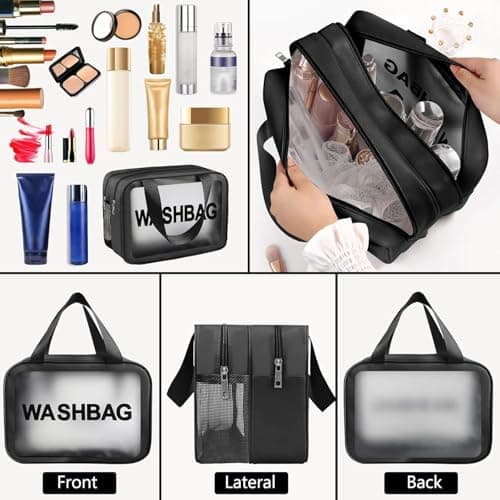 Clear Toiletry Bag, Wet Dry Separation PVC Makeup Cosmetic Bag, Large Capacity PVC Wash Bags with Handles for Women Girls Black — view 5