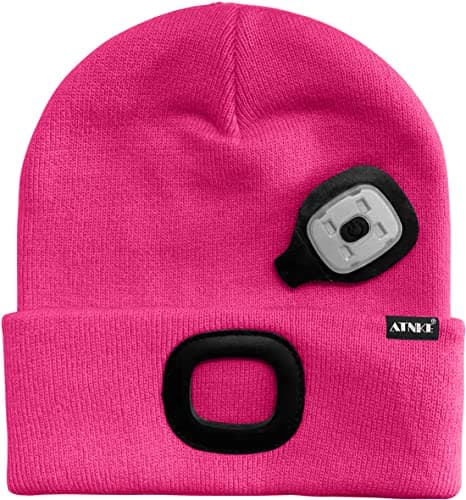 ATNKE Kids LED Lighted Beanie Cap, USB Rechargeable 4 LED Headlamp Waterproof Winter Warmer Knit Night Hats with Light for Boys Girls/Rose Red — view 3