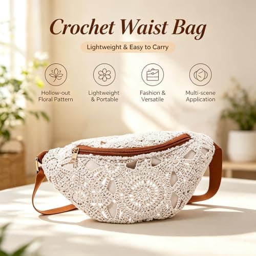 Women's Straw Woven Waist Bag with Hollow Flower Design, Cream Crossbody Waist Pack with Adjustable Strap, Lightweight Travel Commute Everyday Bag, White — view 3