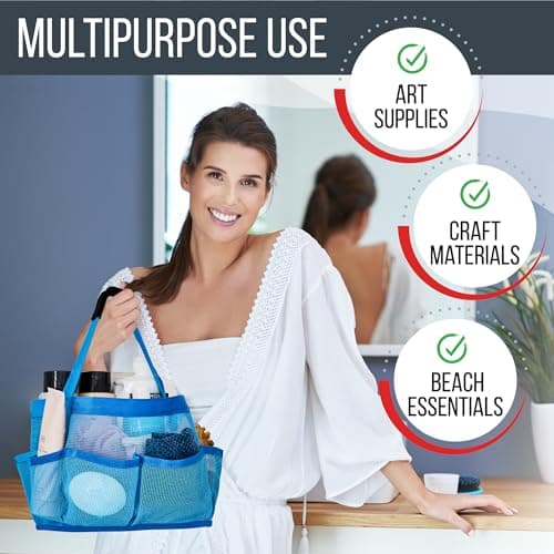 Masirs Shower Caddy Mesh - 9 Pocket Portable Bathroom Organizer Tote for Travel, Gym & Dorm - Collapsible Small Shower Caddy Bag to Hold Toiletries & Essentials (Blue) — view 4