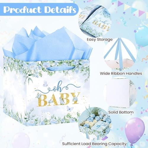 Extra Large Baby Boy Gift Bag, Baby Shower Square Gift Bags Blue Floral Wrapping Paper Bag Oh Baby Jumbo Gift Bags for Boys New Parents Gender Reveal Party Favors — view 2