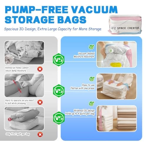 XQMMGO 2 Pack No Pump Vacuum Storage Bags, Large Cube Vacuum Pack Bags for Clothes and Duvets, Space Saver Compression Bags for Travel, Wardrobe and Under Bed Storage (70x50x30cm) — view 4