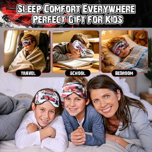 TeTupGa Blackout Kids Sleep Mask for Boys，2 Pack Silk Eye Mask for Sleeping with Adjustable Strap, Teens Children's Bedtime Eye Cover for Travel & Home Use (2 Pack CAR1 Style) — view 6