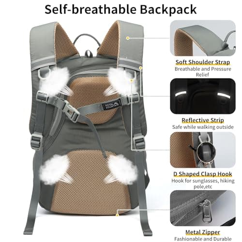 Lightweight Hiking Backpack, 30L Women/Men Waterproof Travel Rucksack Bag with Rain Cover, Outdoor Small Foldable Daypack for Student, Fit for 15.6 inch Laptop (Grey, 30L) — view 4
