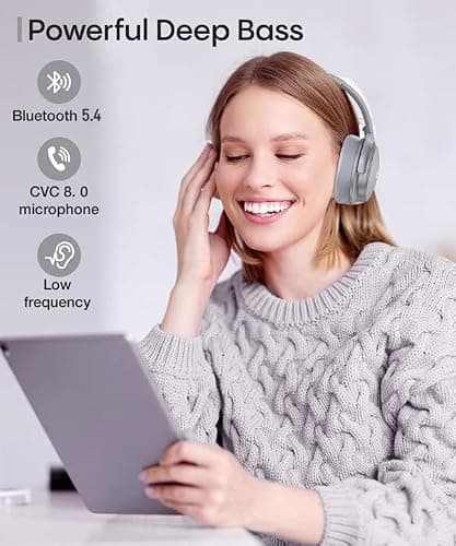 INFURTURE Noise Cancelling Headphones Wireless Bluetooth 5.3 Active Noise Cancellation,Over Ear with Stereo Microphone Hi-Fi,Quick Charge,90 Hours Working for TV,Cellphones,Home Office (Silver) — view 4