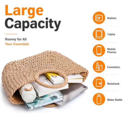 Pumtus Women Straw Bag, Large Hand-woven Summer Beach Handbag, Handmade Straw Tote Bag, Casual Top-handle Rattan Woven Semi-circle Clutch Bag for Women, Travel, Vacation — view 6