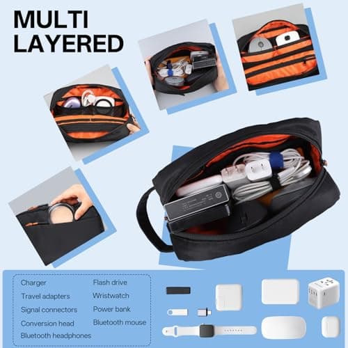 Teskyer Cable Organizer Bag - Portable, Waterproof, Large Capacity, Travel Organiser, Travel Accessories, 23 x 14 x 7 cm, Black — view 2