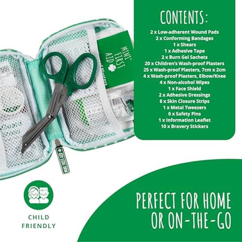 Mini First Aid Kit - 90 Items Kids First Aid Kit Includes Plasters, Bandages, Scissors, Tweezers & Burn Gel – for Car, Home, Office, Travel & Camping - Ideal for Babies & Kids – As Seen on Dragons Den — view 3