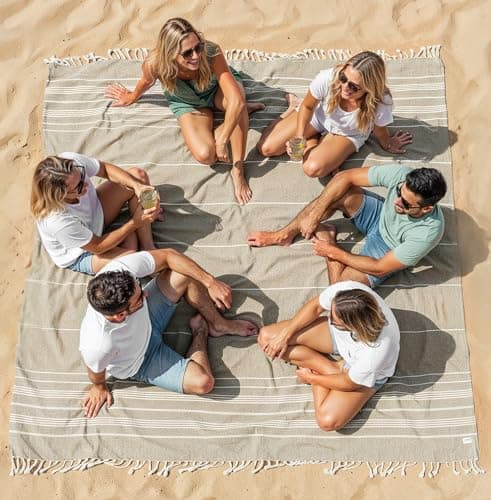 LANE LINEN Giant XL Turkish Beach Towel Blanket – 208x208 cm Extra Large Cotton Sand-Free Quick Dry Towel – Perfect for Beach, Camping, Travel, Picnic, Outdoor Adventures - Beige