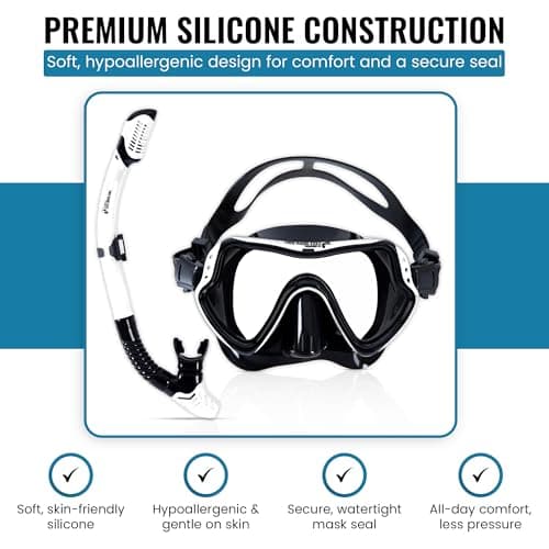 Two Bare Feet Dry Top Snorkel and Silicone Mask Set – Anti-Fog Wide View Tempered Glass Lens with Adjustable Silicone Straps – Leak-Proof Snorkelling Gear for Adults & Teens, Swimming & Diving — view 3
