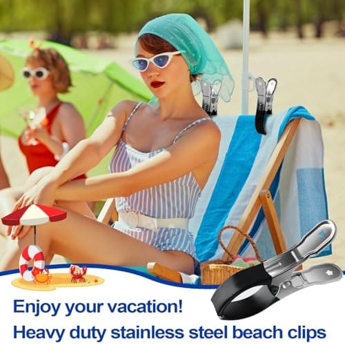 KEYBOO Large Beach Towel Clips for Sun Loungers, 6 Pcs Stainless Steel Sunbed Towel Pegs Beach Towel Clips, Pegs for Washing Line Laundry Pegs for Beach Chairs Pool Chairs Heavy Clothing — view 3