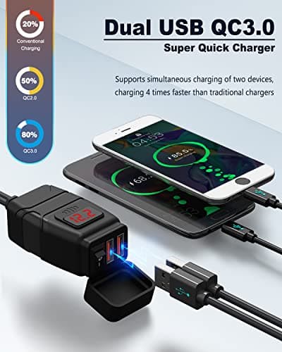 EXTRACTME Motorcycle Phone Charger, 6.8A Quick Charge 3.0 Dual USB with Voltmeter & ON/Off Switch, Waterproof Quick Disconnect SAE to USB Adapter for Phone, Tablet, GPS — view 2