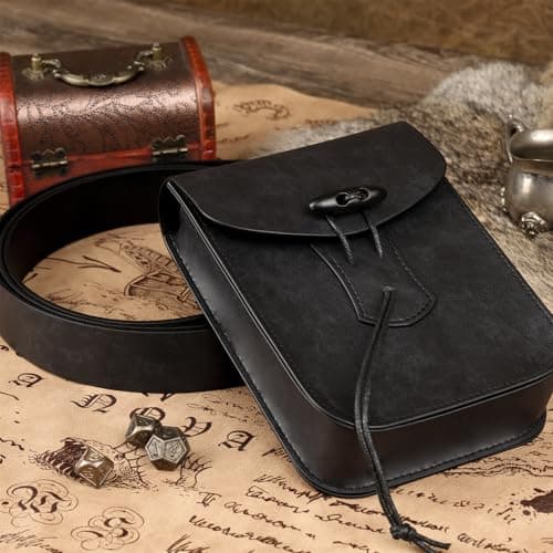 HiiFeuer Medieval Faux Leather Belt Bag, Vintage Renaissance Belt Pouch Fanny Pack Purse, Waist Bag Cosplay for Ren Faire (Black A) — view 4