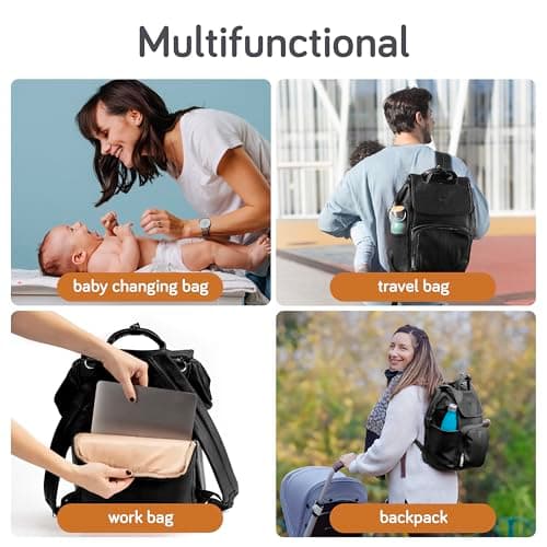 Baby Uma Award-Winning Baby Changing Bag Backpack - Leather-Style for Mum & Dad, Nappy Bag with Insulated Bottle Holders, Multiple Compartments & Changing Mat (Black) — view 5