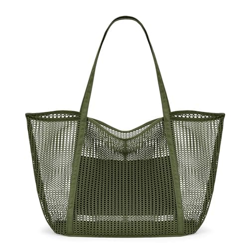 KALIDI FANCY FOREST Foldable Mesh Beach Bag with Zip, 27L Large Mesh Tote Bags for Women Ladies Summer Beach Tote Bag for Holiday Travel,Army Green