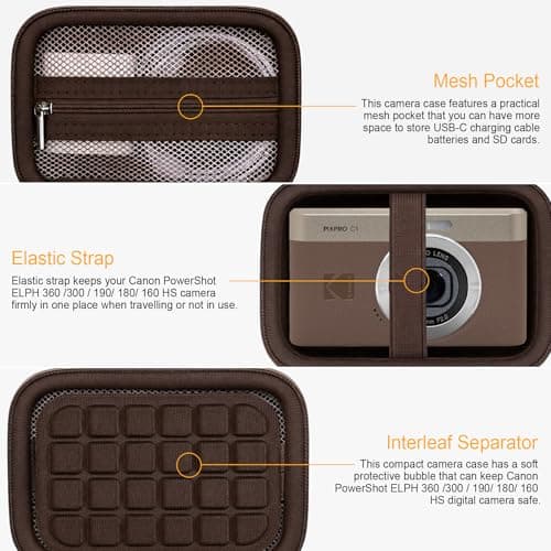 RAIALL Carrying Case for Kodak PIXPRO C1 Friendly Zoom Digital Camera, Point and Shoot Vlogging Camera Hard Travel Bag, Mesh Pocket for Charging Adapter, SD Card, USB Cable and Batteries, Brown — view 4