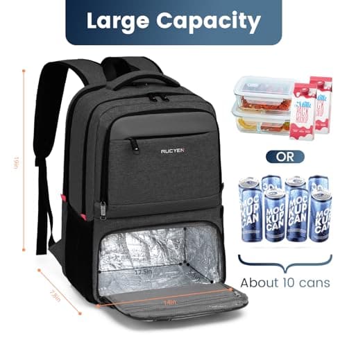 RUCYEN Lunch Backpack, 17.3 Inch Large Lunch Insulated Cooler Bag Travel Laptop Backpack with USB Port for Men Women, RFID Blocking for Work Picnics Black — view 3