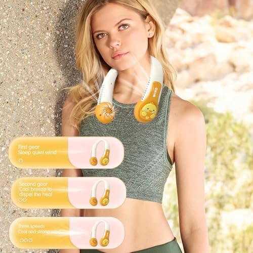 Portable Neck Fan for Kids,1800mAh Cartoon Bladeless Neck Fan,Wearable Hands Free Bladeless Mini-Fan,1200mAh Neck Fan with 3 Speeds Adjustable,for Kids Girls Students Outdoor Indoor (Yellow) — view 5