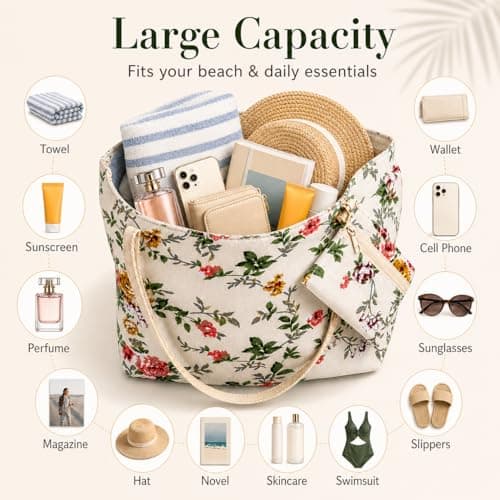 Lightweight Floral Canvas Tote with Free Purse, Shoulder Shopping & Travel Beach Bag for Women (Red, L) — view 5