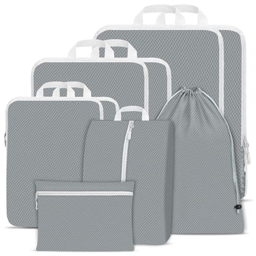 Compression Packing Cubes for Suitcases,Suitcase Organiser Bags,Travel Packing Cubes Compression Set for Backpack,Packing Organisers,Waterproof Travel Organiser Packing Bags (9 pcs, Grey）