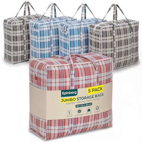Rainberg 5 PACK JUMBO Storage Bags, 80 x 60cm Strong and Durable Holds up to 35kg, Reusable Laundry Bags with Double Zips, Ideal for Laundry, Moving House, Clothing & Wardrobe Storage