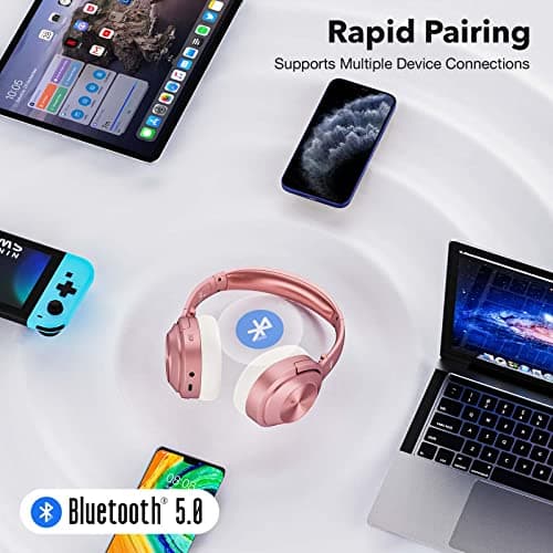 Active Noise Cancelling Headphones, Over Ear Wireless Bluetooth Headphones, Hi-Res Audio, Deep Bass Memory Foam Ear Cups, 40H Playtime for Travel Home Office (Pink) — view 3