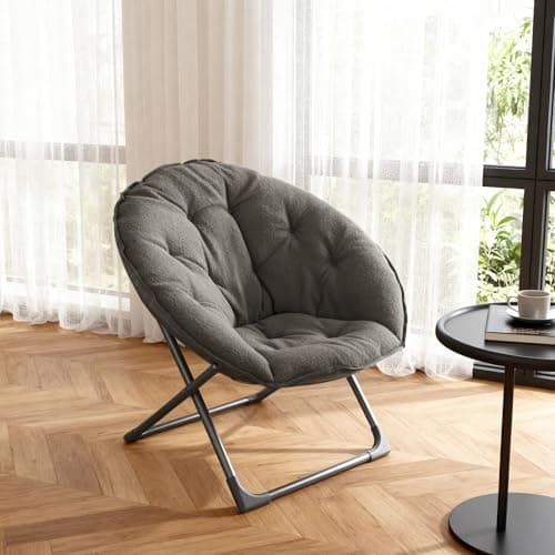Portable Soft Moon ChairGray Folding Camping Chair Reading Armchair Sheep Wool Cushion Ideal for Bedroom Balcony Relaxation Areas Gardens Patios 80x80x37 cm — view 4