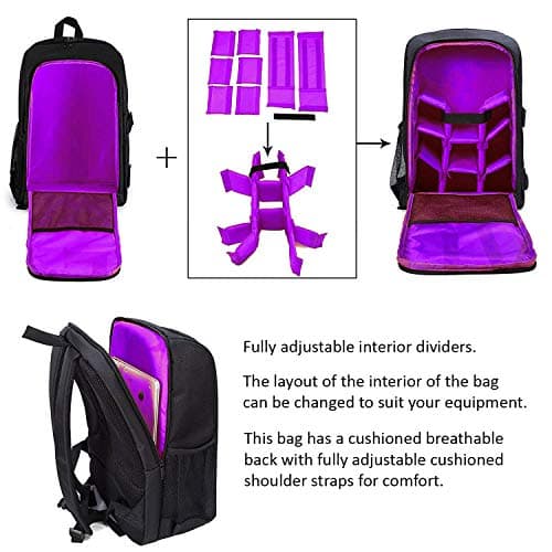 Camera Bag Waterproof Backpack Rucksack Case for Nikon Canon DSLR Lens Tripod UK (Black & Purple) — view 3