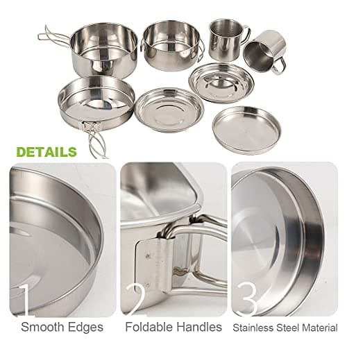 Camping Cookware Mess Kit 8PCS Stainless Steel Cooking Pot and Pan Set with Plates Cups for Outdoor Camping Hiking Backpacking — view 3