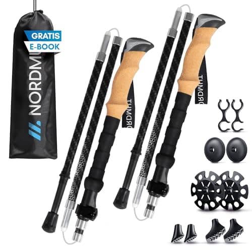 NORDMUT® Foldable Hiking Poles made of Ultralight Aluminum or Carbon – from 1.50 m or 1.65 m – Stable Foldable Hiking Poles with Ergonomic Handles – Compact Pack Size (Carbon / 115-135cm)