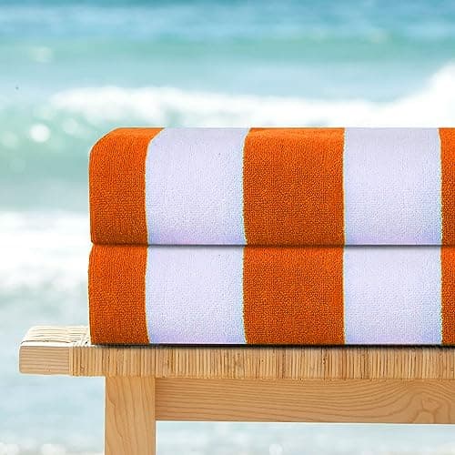 SweetNeedle - Beach Towels for Adults Pack of 2 - Orange Cabana Striped Classic - 100% Cotton Terry Ringspun Pool Towel, Quick Dry, Super Absorbent Swimming large towel, 76 x 152 cm — view 3