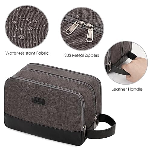 WANDF Toiletry Bag for Men, Travel Wash Bag with Handle, Water-Resistant Canvas Shaving Organiser, SBS Metal Zipper Dopp Kit for Makeup Bathroom Gym (Dark Grey) — view 5