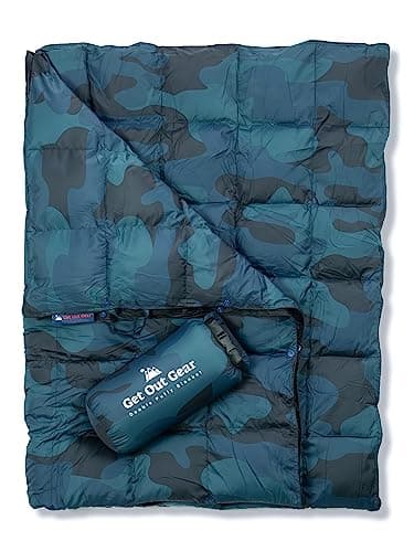 Get Out Gear Cozy Camo Camping Blanket - Puffy, Packable, Lightweight and Warm | Ideal for Outdoors, Travel, Stadium, Festivals, Beach, Hammock |Water-Resistant Backpacking Quilt