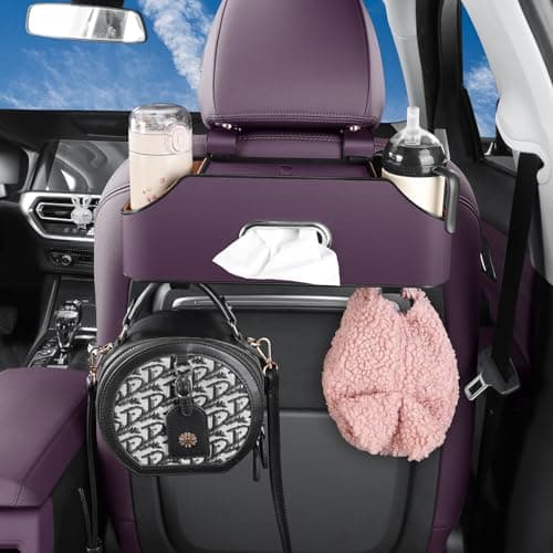 Car Seat Back Organizer with Cup Holders, Tissue Box & Hooks, Purple — view 3