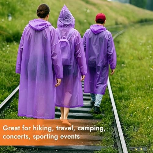 JXJIUA Rain Poncho Raincoats for Adults Men/Women, 2 Pack Reusable Rain Jacket Rainwear with Hoods and Sleeves, Waterproof for Emergency, Outdoors, Camping(Purple) — view 6