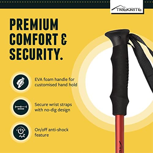 Trekrite Telescopic Walking Poles Set, Collapsible Hiking Poles, 3-Section Anti Shock Trekking Sticks for Men & Women - Adjustable Hiking Sticks with Accessories from a UK Based Company - Red — view 3