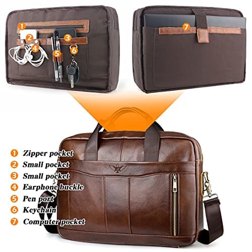BAGZY Unisex Vintage Genuine Leather Laptop Briefcase for Mens Women Shoulder Bag Messenger Handbag Business Document Bag Satchel Rucksack 14 inches Laptop Bag for Office Work Travel College Coffee… — view 4